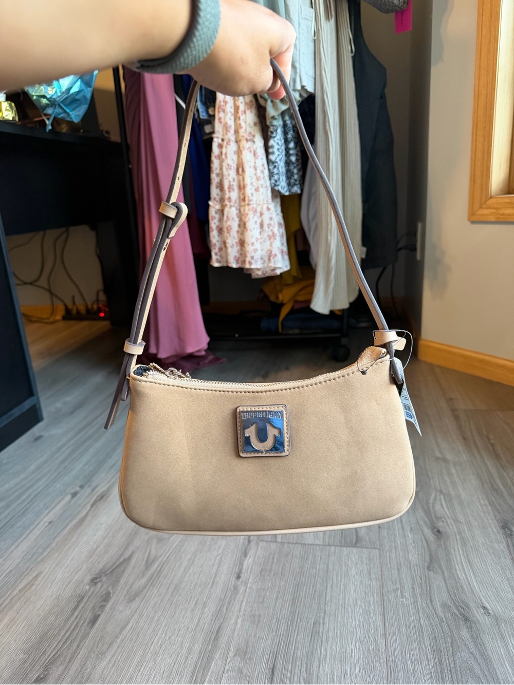 True Religion Beige/Tan Shoulder Bag with Logo Plaque